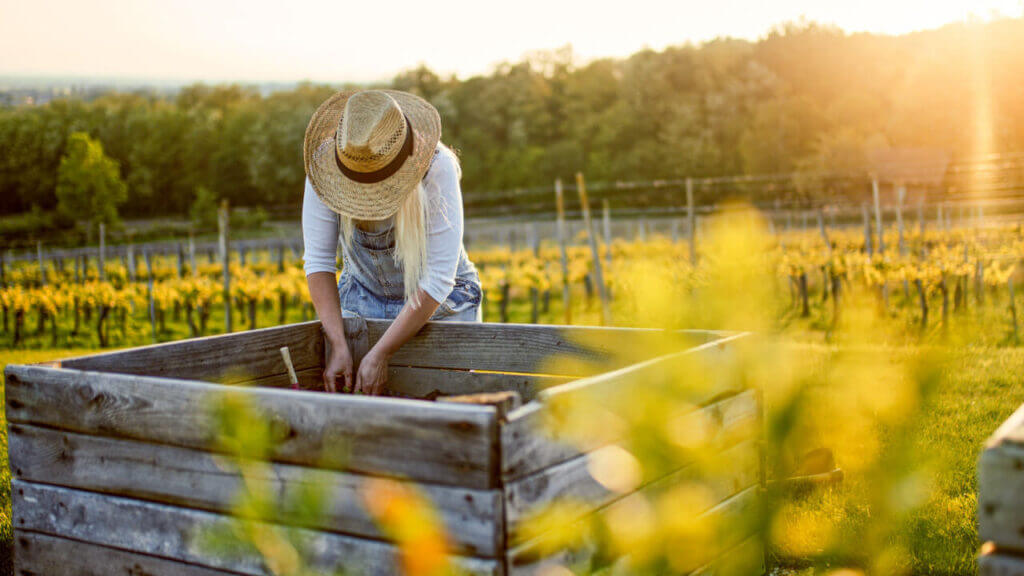 a woman bends over a gardening box with her hands in the soil