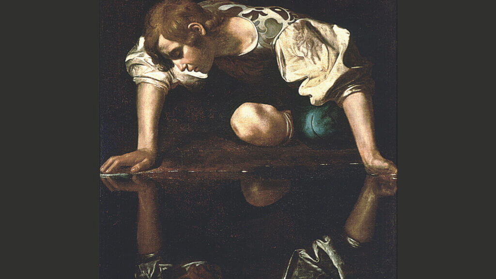 artwork depicting individual kneeling and staring at their image reflected from water below them, narcissistic personality disorder