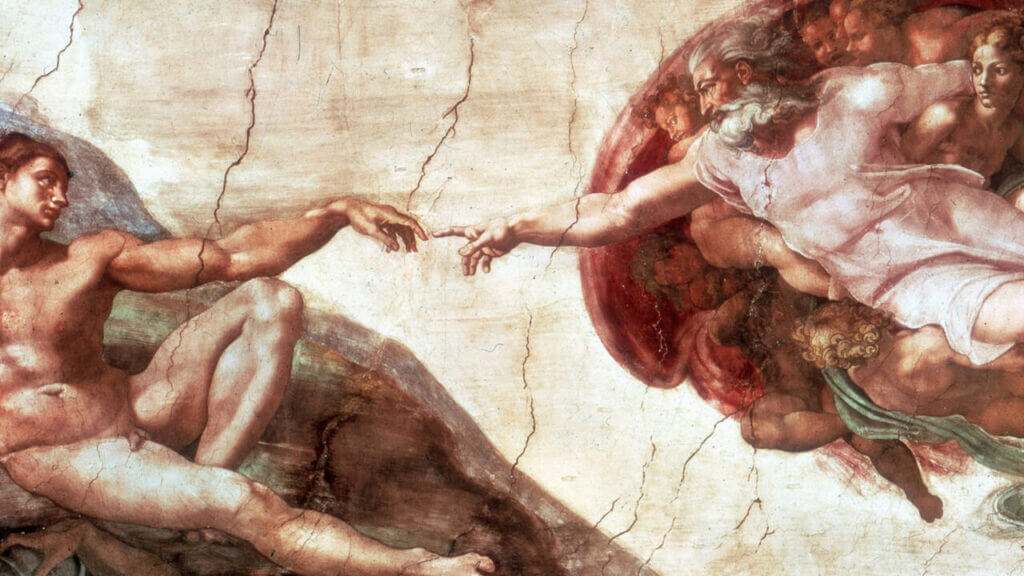 art work of adam reaching out to god, identity