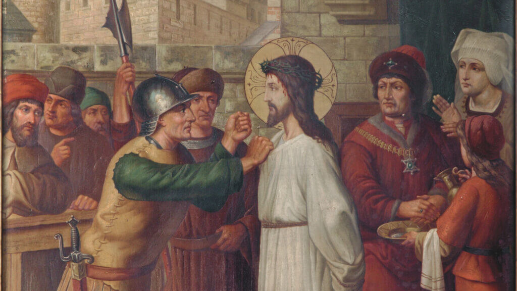 artwork of Jesus wearing a crown of thorns facing a soldier with a crown behind them listen with curiosity