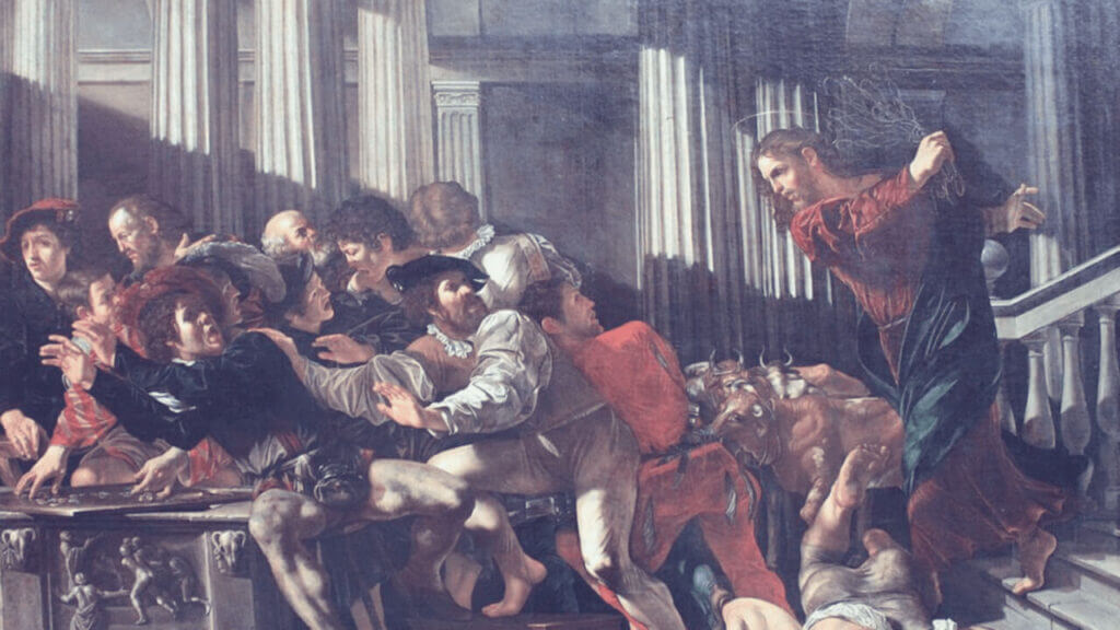 artwork of Jesus in the temple casting out the moneychangers church crisis