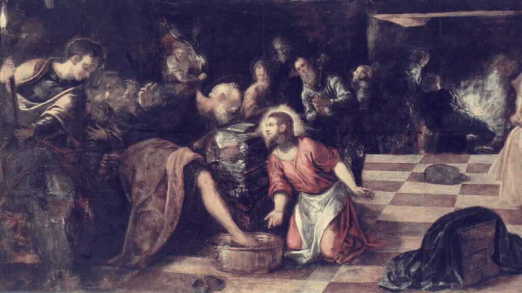 artwork of Jesus washing a man's feet in the middle of a crowded room lessons for bishops