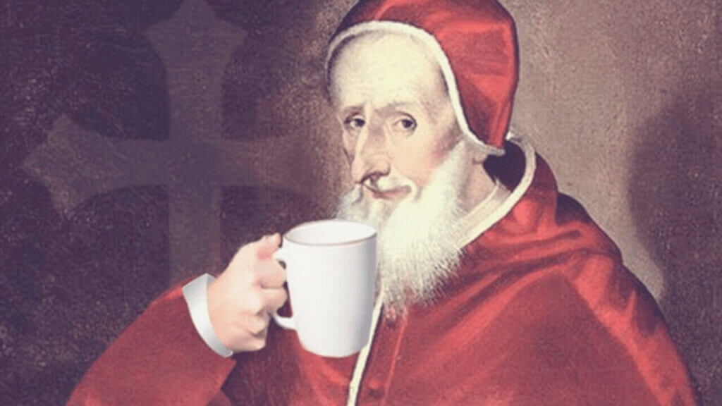 old artwork of a red clothed pope drinking out of a white cup